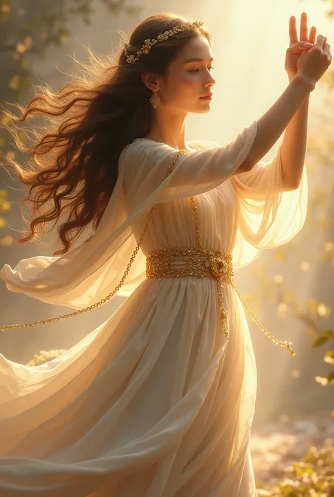 Woman in heavenly clothes 
Almost long dark brown hair 
Giving a whirl of 120
With golden hair ornament
Small earring 
Gold and silver details on her clothes
Dancing with Jesus 