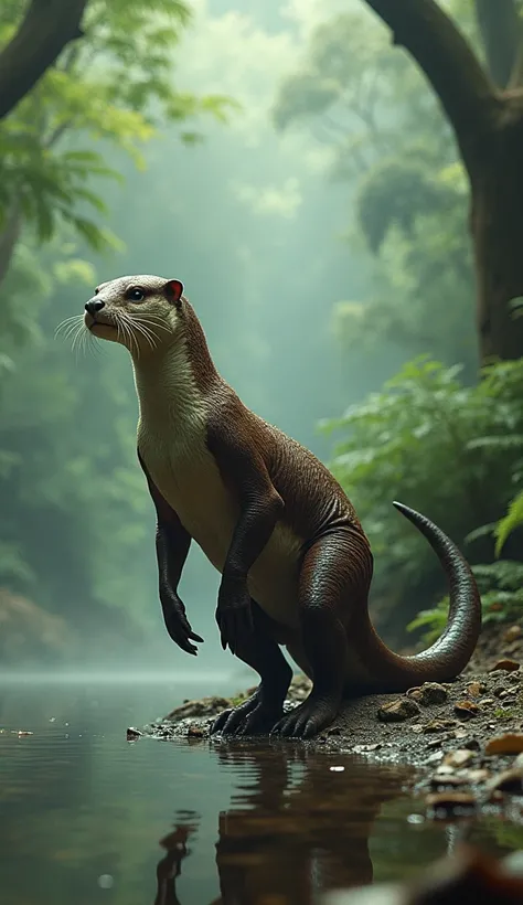 "A fascinating hybrid creature blending features of an otter and a dinosaur, set against a misty riverbank in a prehistoric forest. The creature has the sleek, streamlined body and soft fur of an otter, ideal for swimming, but its limbs are powerful and cl...