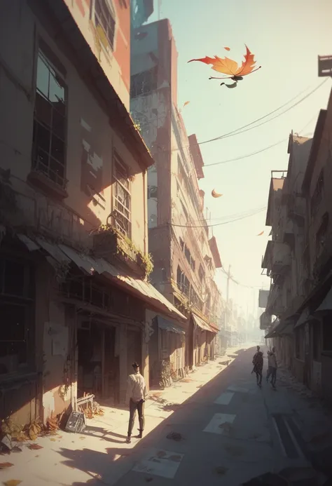  Illustration of an abandoned street in an abandoned city.  On this street there is a zombie man , naked, Staggering . visible nudity.  Leaves effect flying through illustration . Masterpiece.