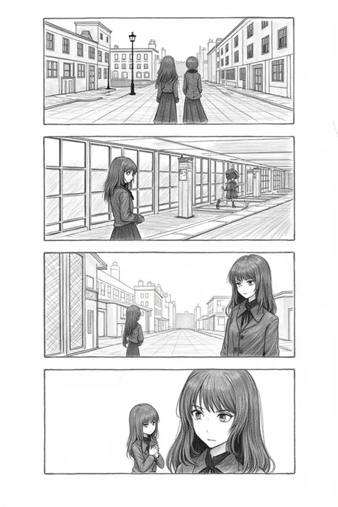 Create a comic series with 4 pictures ,  depicting a girl in gothic look ,  who is out at school in the city at home and with friends.  The four pictures should be very bad , How to be drawn by a  ,  the girl dressed in black and everything in pencil 