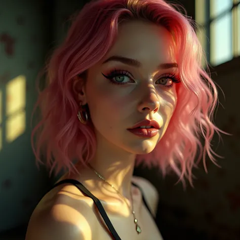 (((ultra realist))) photoshot, ​masterpiece, top quality, (pale skin), (ultra-detailed face and eyes:1.3), 1 girl, adult, In Lifchik, ((Eye make up, pink mascara)), ((size, Detailed Lips)), ((pink wavy hair)), ((stylish hairstyle)) , (Natural breasts), Sle...