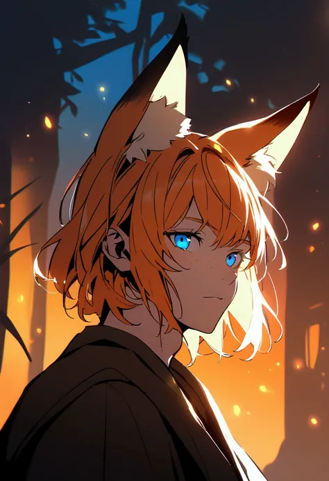 Boy with orange hair, blue eyes, freckles and fox ears. 