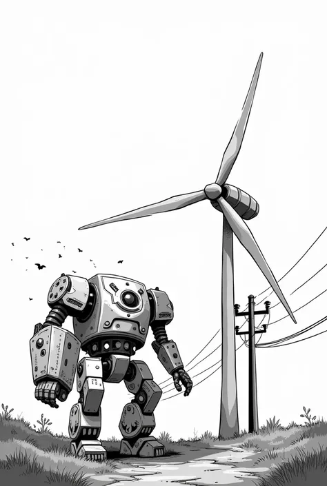 Crée dans un design style manga ,le dessin d’ une éolienne , un paneau solaire, poto electrique . 
En noir et blanc et sans paysage