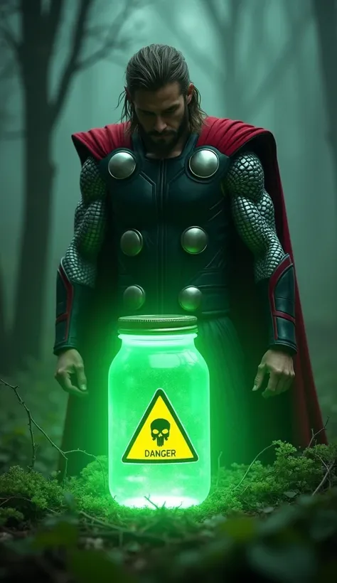 "A vigilant and sharply detailed Thor with normal eyes, intensely focused on a glowing jar. The jar features a yellow triangular logo with a skull symbol and the word DANGER written prominently. The jar emits an eerie green light, suggesting extreme hazard...