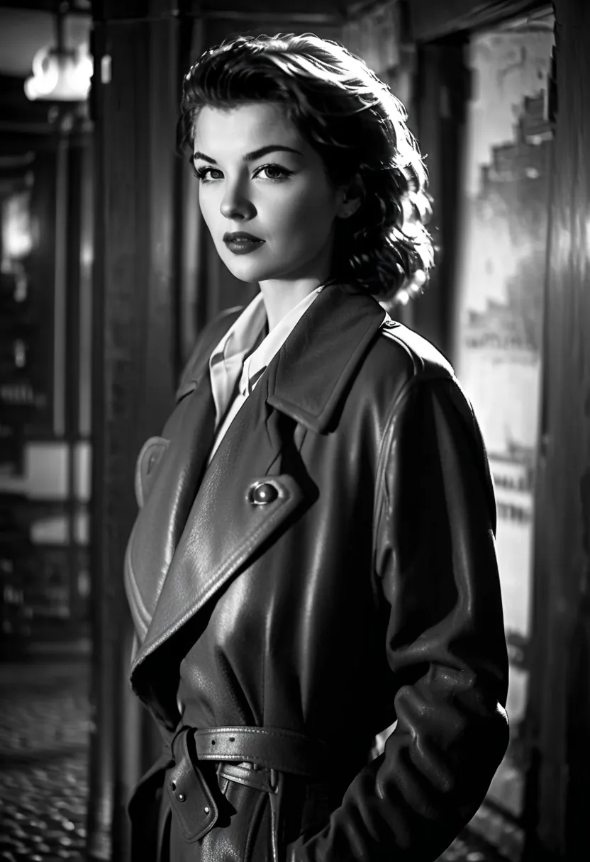 in the style of nklnor, film-noir, beautiful russian woman 29yo, rounded face, short boyish brown disheveled shaggy hair, boyish unbuttoned white shirt, pants, leather boots and long leather coat, cigarette, glass of whiskey in hand, high quality, dslr, Fu...