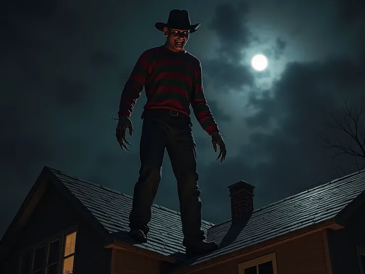 Realistic and spooky image of FREDDY Krueger on the roof of a house at dark night