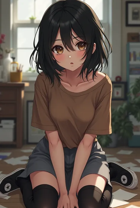  anime girl image,  messy black hair,  long hair,  brown loose-fitting t-shirt , gray mini short ,  white skin , Cute eyelashes,  brown eyes , indifferent gaze,  messy room , tomboy, voluptuous,  long black tights ,  black sneakers.