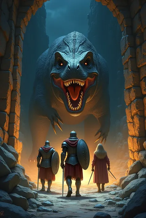 Dnd style knight, wizard, rogue entering a dungeon. Guarded by a dinosaur 