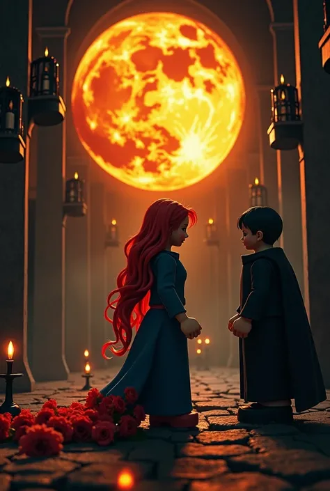  Sun long red hair extending as a symbol of Servant Mary.
 A dark cell or a convent with an oppressive atmosphere .
 The silhouette of a girl with an expression of melancholy ,  contrasting with a priest who observes her .
 Elements such as candles , cross...