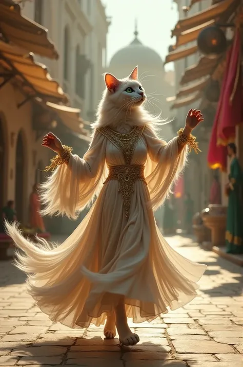 creater image full HD high quality, HDR ultra of A beautiful, long-haired, soft-spoken female cat dances to ancient Arabian folk dances in an ancient city.