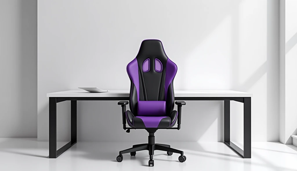 Black and purple gamer chair in a setup with a white industrial table