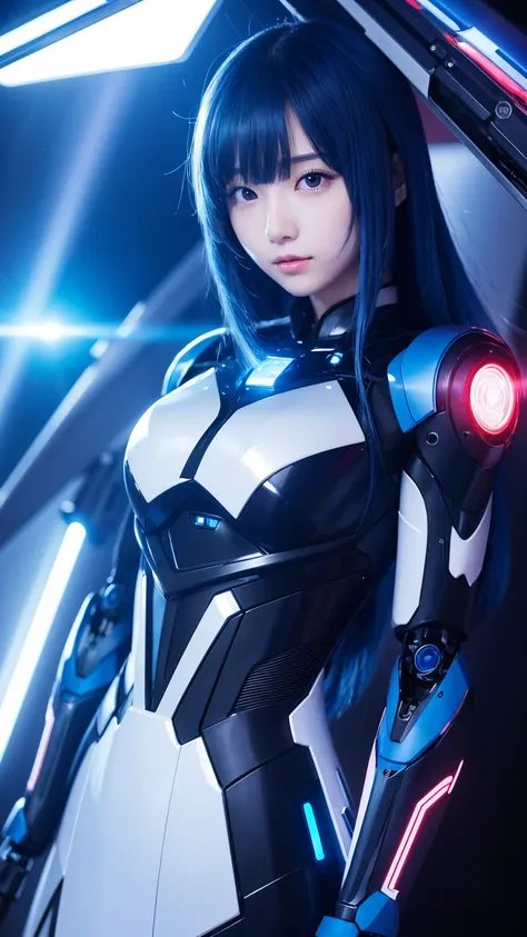 super beautiful face, japanese girl,  long straight hair, high school student, anime style, sexy robot suit, blue light laser beam, blue hair, big bust