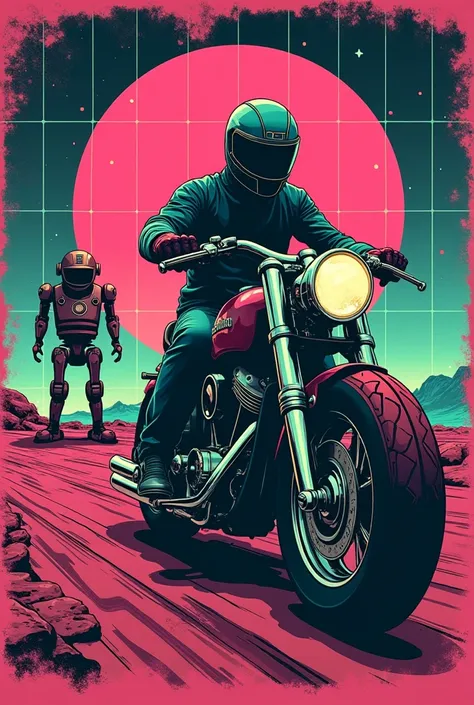 "A retro 1920s shopper motorcycle t-shirt design with rider riding in a futuristic landscape with robots watching the action. The design uses neon colors like pink, green and blue- burgundy, with a grid background and a worn texture."