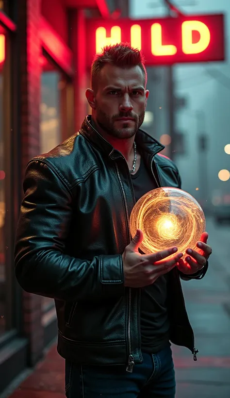 A muscular man wearing a dark leather jacket, gripping an orb of swirling wind, its surface glowing faintly and distorting the air around it. The wind ripples his jacket and whips debris into the air as he stands under a flickering neon sign on a blustery ...