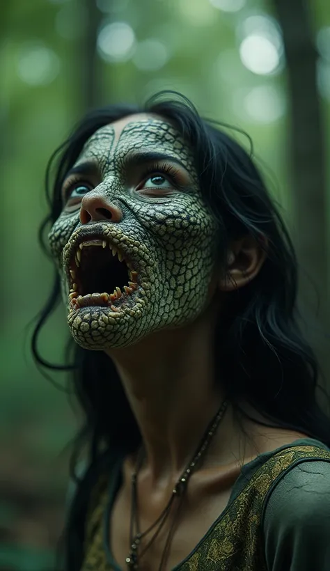 An Indian girl of 23 years. Whose face is like a crocodile. It is a monstrous form. There is a forest scene.