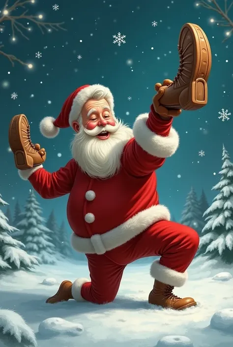 Draw Santa Claus lying face up but his hands are holding him up so that he is like that __/ And that your foot is facing forward, that is, that the sole of the shoe can be seen.