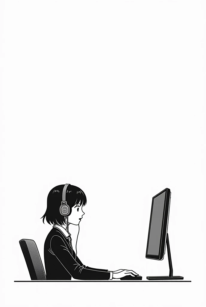 Create in a simple manga style design  , the TV operator drawing in front of her PC and with headphones , in black and white