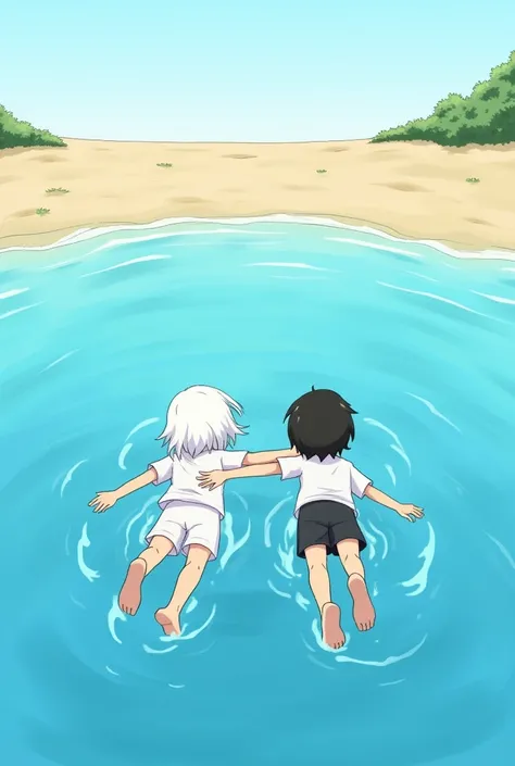 White-haired girl and a black-haired boy swimming in the water towards the sand wearing casual clothes