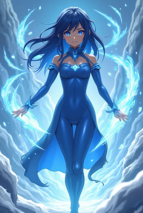 Brown-skinned anime girl with dark blue hair and blue eyes wearing a long blue suit and the power of ice anime