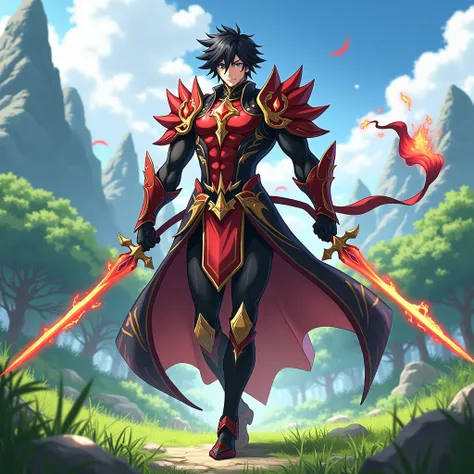 Make an anime man, genshin impact adventurer, with pyro elemental vision, with red and black armor with gold details, muscular, black hair, bright black eyes, holding two swords in his hands, background walking on grass with mountains and trees, best quali...