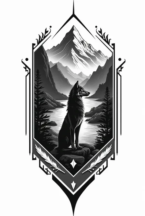  Can you create a black and white geometric tattoo , With the thunderbird symbol in small ,  a wolf from the back by a river looking at the mountain 