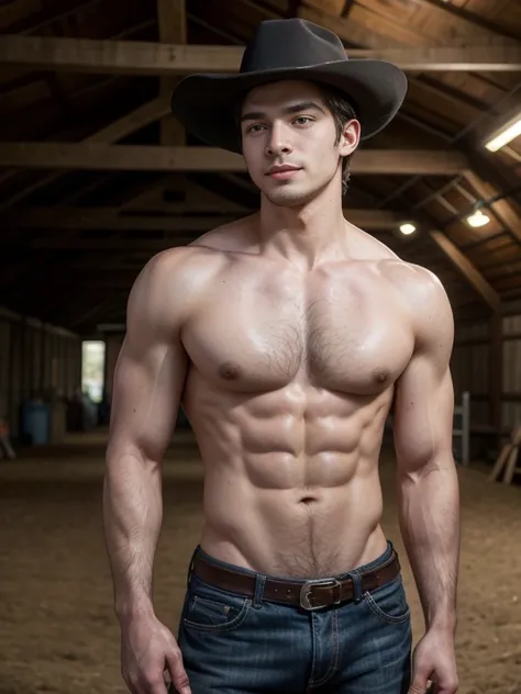 male focus, only focus,  muscle shirt, strong,  hairy, male, ( shirtless : 1) , A handsome black man ,  19-year-old cowboy in the ranch barn wearing a black hat, skinny, Scruffy face , arrogant smile, ( intricate details ,  masterpiece ,  lyrics,  better q...