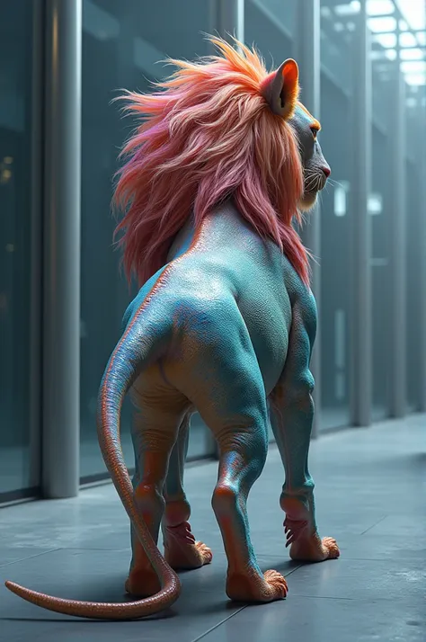 I want a hybrid picture of a lion and a chameleon combine  that has something modern and precious, something dangerous  and the back view is beautiful in its own right.