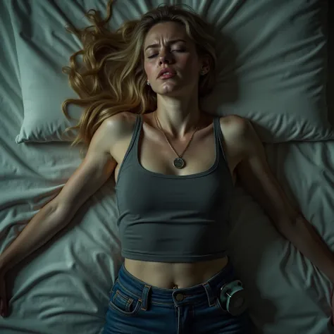 full body overhead view of a beautiful unconscious woman in her mid-20s, with a lean build. She has blonde hair in a loose ponytail. She is wearing light makeup, a fitted top, skinny jeans, sneakers, a small locket around her neck, and a baby monitor aroun...