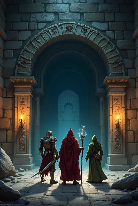 Dnd style knight, wizard, rogue entering a dungeon.