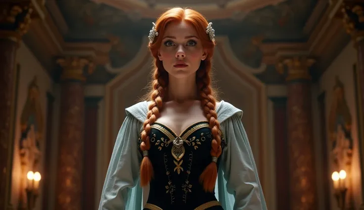 Close-up of an imposing figure, a powerful woman in a Princess Anna costume ((60 years old with large breasts; Anna costume; glued to the body; beautiful and elegant; huge breasts; auburn hair in two braids with some white strands))) and piercing gaze, sta...