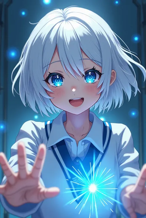 Masterpiece, top quality, highest quality, astral image, high school girl, white hair, short hair, blue eyes, Smiling expression, active character, dynamic pose, using telekinesis to levitate objects, from forward, 