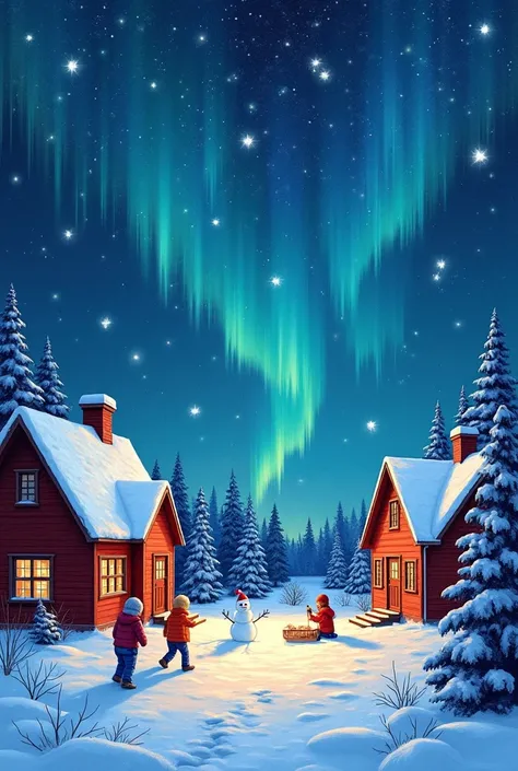 Generate a image diagonal scenery of a holiday spirit. I want some little s playing with snow. A snowman at the side. Aurora Borealis in the sky. The Santa claus with reindeers in the sky that is far and totally black. Two houses. Winter season. Fairy ligh...