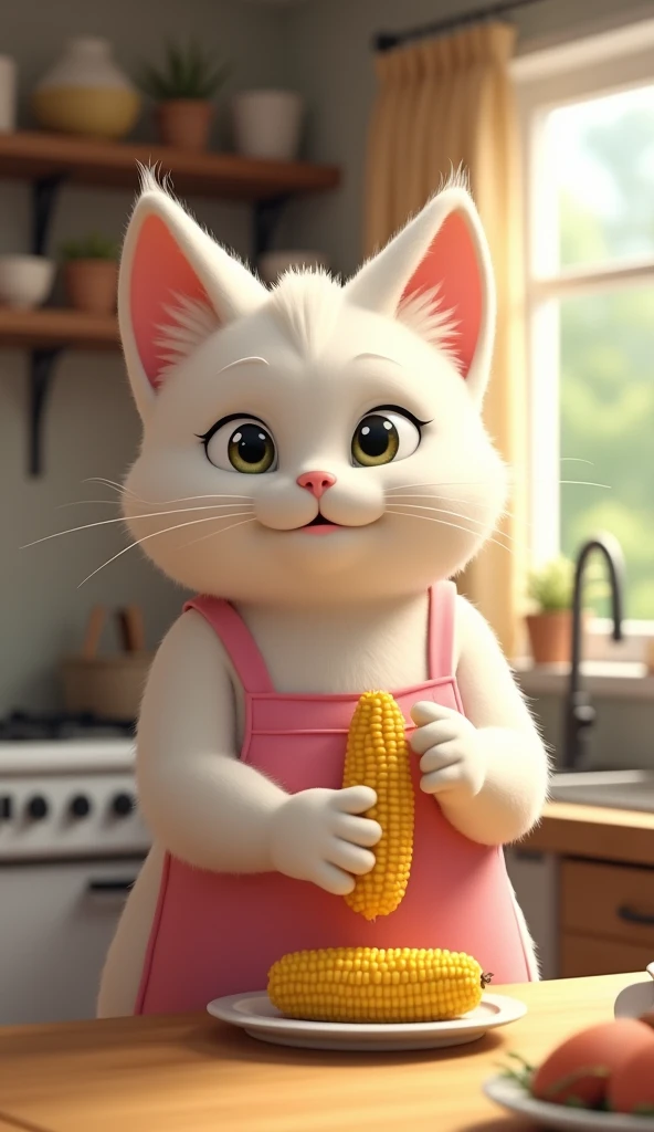 A humanoid female cat with white fur, wearing a pink apron  .  the cat is in a cozy kitchen illuminated by daylight ,  sitting in front of a wooden table .  He is holding an ear of corn and preparing it with his paws ,  creating a homely and peaceful envir...