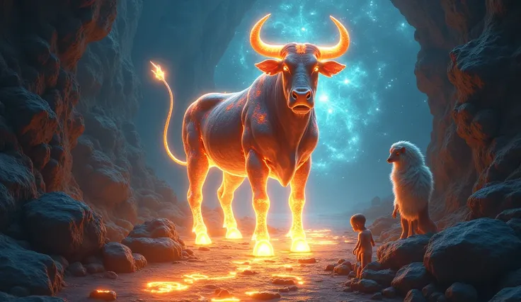 A glowing Taurus bull stands at the entrance of a cosmic pathway filled with swirling galaxies and vibrant opportunities for growth. However, the bull remains rooted in front of the path, unwilling to take the first step. Around the bull, vines of glowing ...