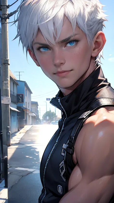 white-haired boy ,  realistic detailed blue eyes, muscular, wearing short 3