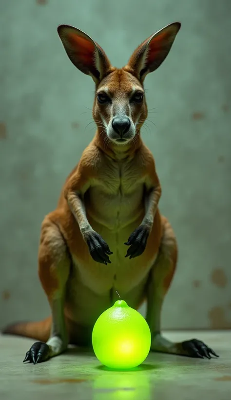 Wild kangaroo in front of a small radioactive green lemon