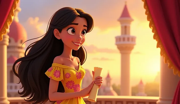  image for a cartoon story YouTube video in the style of Disney, in Pixar format :   Elena on the balcony :  A young princess with brown eyes and long dark hair,  dressed in a bright floral dress . She is brave ,  determined and kind Elena ,  standing on t...