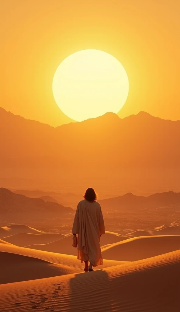 create a A panoramic view of the Judean Desert: expanse of sand, rolling dunes, and mountains in the background under a scorching sky.

Jesus walking alone with a silhouette highlighted against the sun, creating an atmosphere of isolation and reflection.