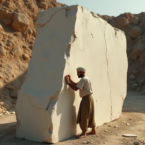  a Pakistani man working an irregular block of freshly extracted marble huge larger than the, cinematic, realistic, lights and shadows,,  with sun bet lights , humble craftsman 