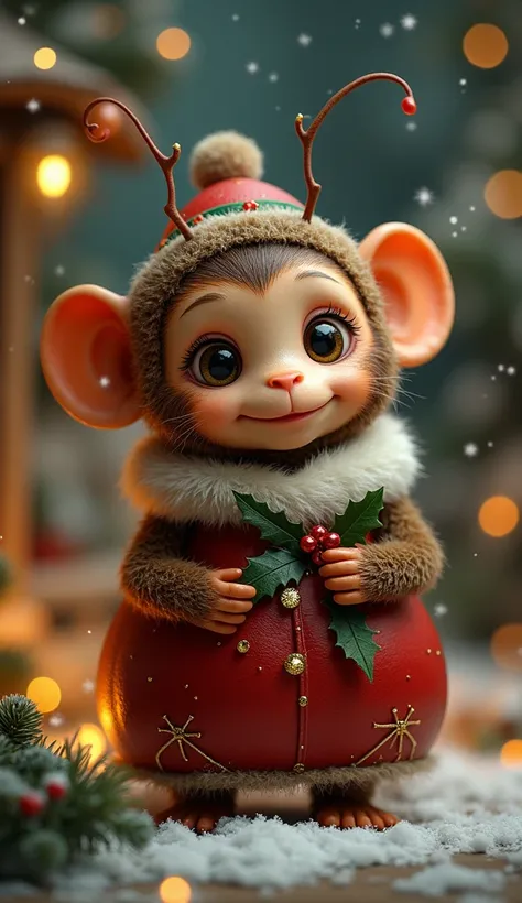 Give me a very cute hybrid of a beetle and a monkey in a Christmas dress