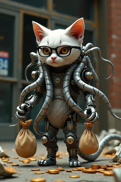 Kitty, have mechanic Tentacles as dr octopus, wearing black glasses, background bank with the door broken, bags full of coin in Tentacles [9:16]