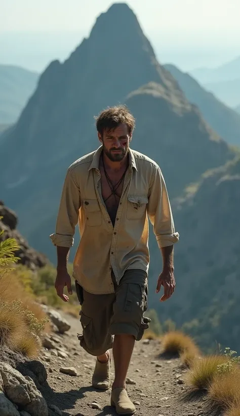 Man in a shirt descending mountain, no equipment tired, bruised and exhausted