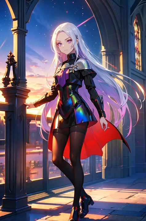 The background is a sunset sunset 、 medieval cityscape with basket、The cathedral shines brightly、red and green contrast 、Path of Light、 Edelgard in black armor, wearing black tights ,((  Holographic  )), （I can see the fangs、Double teeth、 wore black tights...