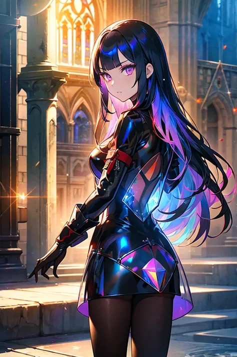 The background is a sunset sunset 、 medieval cityscape with basket、The cathedral shines brightly、red and green contrast 、Path of Light、 Edelgard in black armor, wearing black tights ,((  Holographic  )), （I can see the fangs、Double teeth、 wore black tights...