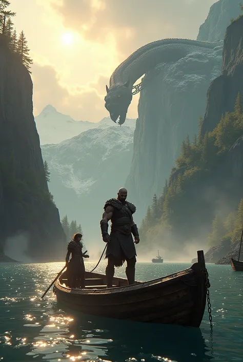 God Of war Ragnarok kratos and Atreus on boat in beautiful place sunshine and lyngbakr chained 