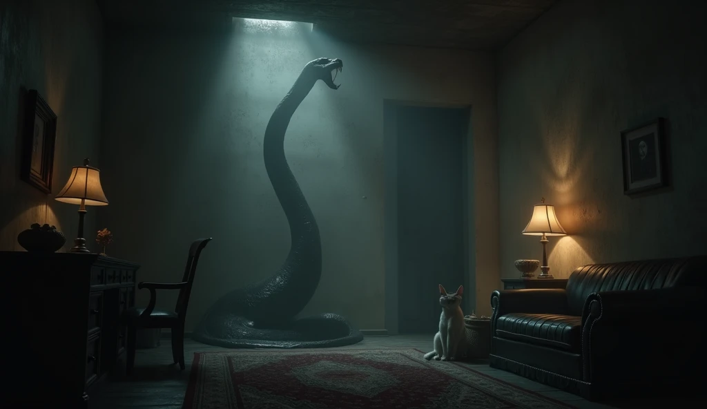 A dark room, illuminated only by a faint lamp ,  with the shadow of a huge snake projected on the wall.