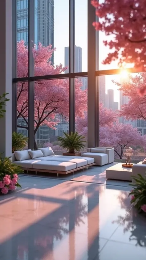 Imagine a luxurious modern living space filled with soft, white furniture, bathed in warm sunlight during sunset. Floor-to-ceiling glass windows reveal a vibrant city skyline adorned with blooming pink trees and lush greenery. The polished floor reflects t...