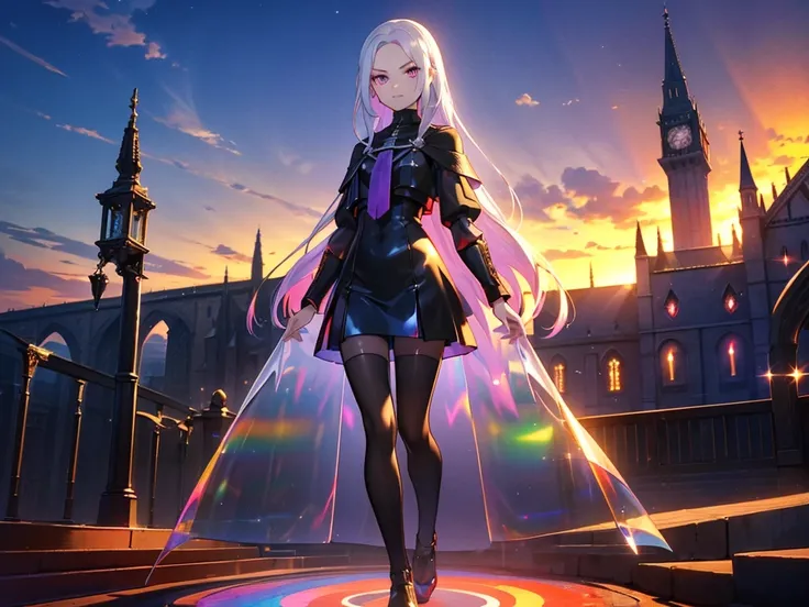 The background is a sunset sunset 、 medieval cityscape with basket、The cathedral shines brightly、red and green contrast 、Path of Light、 Edelgard in black armor, wearing black tights ,((  Holographic  )), （I can see the fangs、Double teeth、 wore black tights...