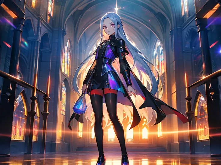 The background is a sunset sunset 、 medieval cityscape with basket、The cathedral shines brightly、red and green contrast 、Path of Light、 Edelgard in black armor, wearing black tights ,((  Holographic  )), （I can see the fangs、Double teeth、 wore black tights...