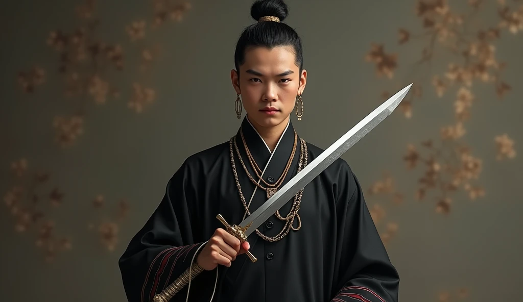 A young Lao Hon man in a black dress, holding a sword in his right hand, looks strong and confident. A sword in his hand may signify courage and a willingness to defend himself or the people around him. Dressing in a black dress may represent simplicity bu...